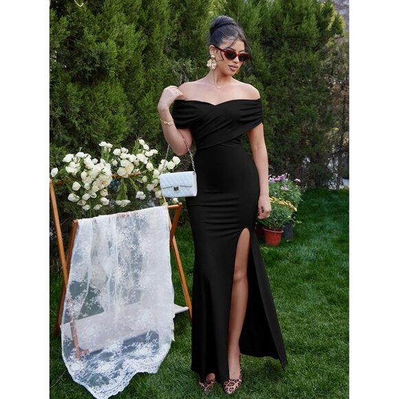 Women's Black Bodycon Off Shoulder Evening Dress Long Formal Ruched Split Hem - Picture 5 of 7